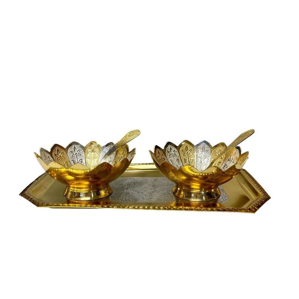 Rare Indian 5 Pc Gold and Silver Flashed Metal Sauce Set in Velvet Box Vintage - Picture 5 of 12